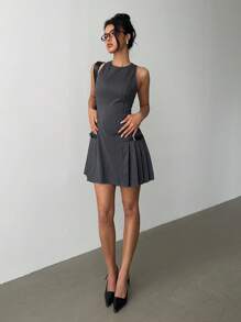 Aloruh Women's Casual Dark Grey Mini Dress: Sleeveless Round Neck Woven Fabric Dress With Zipper And Flared Hem - Dark Grey - View 7