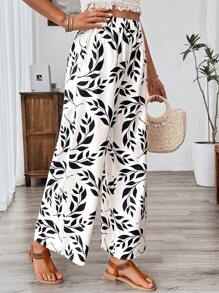Breezaya Pantalones anchos de estilo casual con estampado de hojas, de estilo europeo y americano
