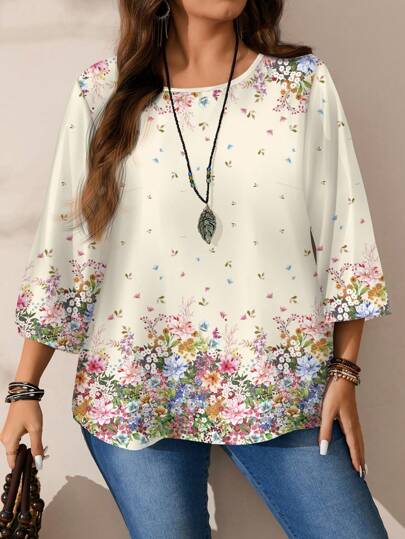EMERY ROSE Blusa holgada de mangas 3/4 con cuello redondo y estampado total para mujer talla grande, para primavera/otoño