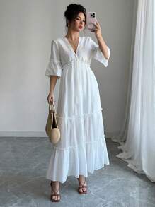 Elenzga V-Neck Flare Sleeve Hollow Out Embroidered Maxi Vacation Dress - White - View 1