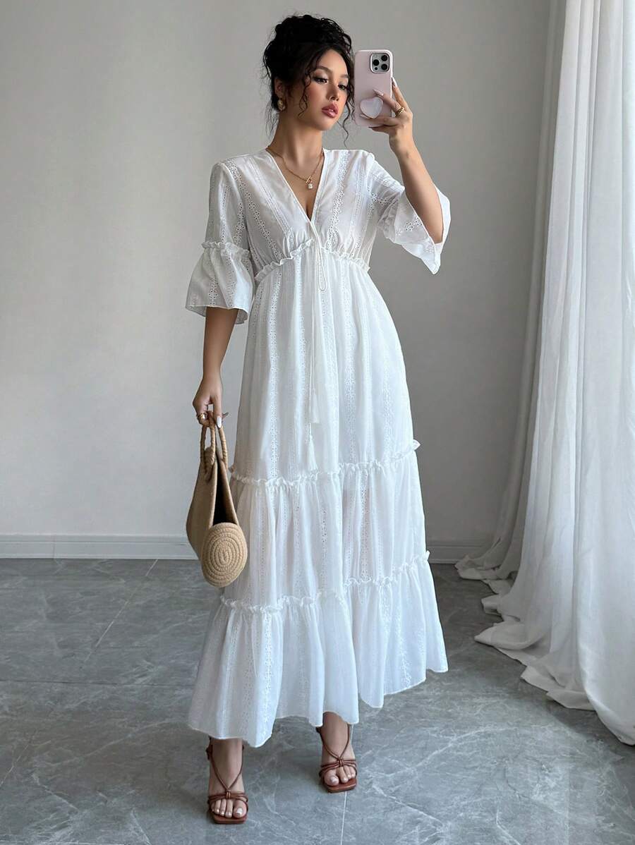 Elenzga V-Neck Flare Sleeve Hollow Out Embroidered Maxi Vacation Dress - White - View 1