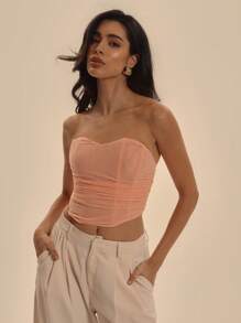 MUSERA Top corset cu dezosare, plasă suprapusă, tiv scund, elegant, primăvară-vară, club de vacanță, drăguț, sexy, romantic, sărbătoare - Baby Pink - Vizualizare 1