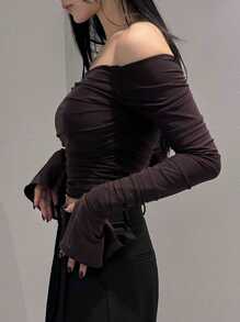 DAZY Women's Solid Color Oblique Open Shoulder Wrap Short Sleeve T-Shirt, Spring/Summer/Autumn,Off Shoulder Top Long Sleeve Women Tops,Fall Women Clothes Crop Women Tops