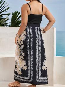 SHEIN Clasi 2pcs Set: Floral Print Cami Bodysuit And Skirt - Black - View 2