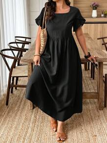 Weeklong Plus Size Women Solid Color Draped Neck Short Sleeve Ruched Ruffle Hem A-Line Dress BASICS - Black - View 1