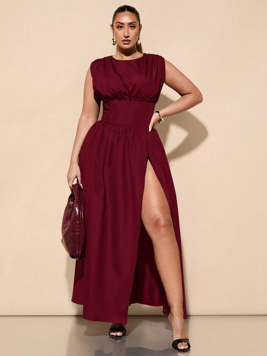 SHEIN BAE 新款大码女式纯色无袖高开衩连衣裙，收腰，春夏季，女士生日礼服 - 酒紅色 - 查看 1
