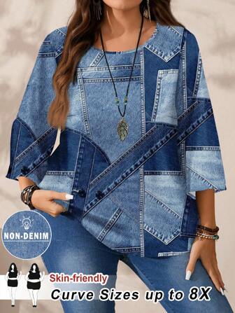 SHEIN CURVE+ Chemise en effet jean casual et minimaliste pour femmes grandes tailles