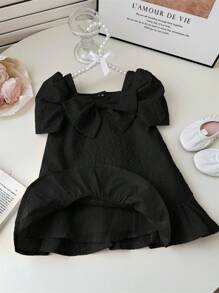 SHEIN Babygirl 夏季可爱黑色蝴蝶结纹理短袖连衣裙 - 黑色 - 查看 6
