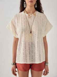 Florisole Bohemian Casual Vacation Solid Color Hollow Out Round Neck Raglan Sleeve T-Shirt For Women