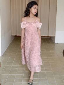 DAZY Tween Girls' Jacquard Off Shoulder Short Sleeve Elegant Dress,Girls Summer Outfits,Back To School Clothes