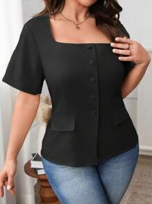 SHEIN Clasi Plus Size Women's French Elegant Commuter Trapezoid Square Neck Button Front Pocket Short Sleeve Blouse, Spring/Summer - Black - View 3