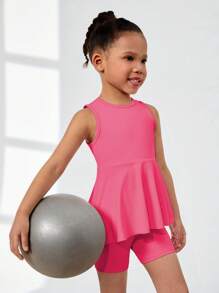 SHEIN 2pcs Girls Outfit - Solid Color Sweet & Cute Casual Short Sleeve Dress And Leggings Set, Suitable For Daily Wear, Festivals And Vacation, Summer Season, School, Campus, College - Hot Pink - View 5