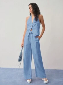 MOTF STUDIO TOP DE CUELLO HALTER DE LINO CON UN SOLO BOTÓN - Azul - Ver 3