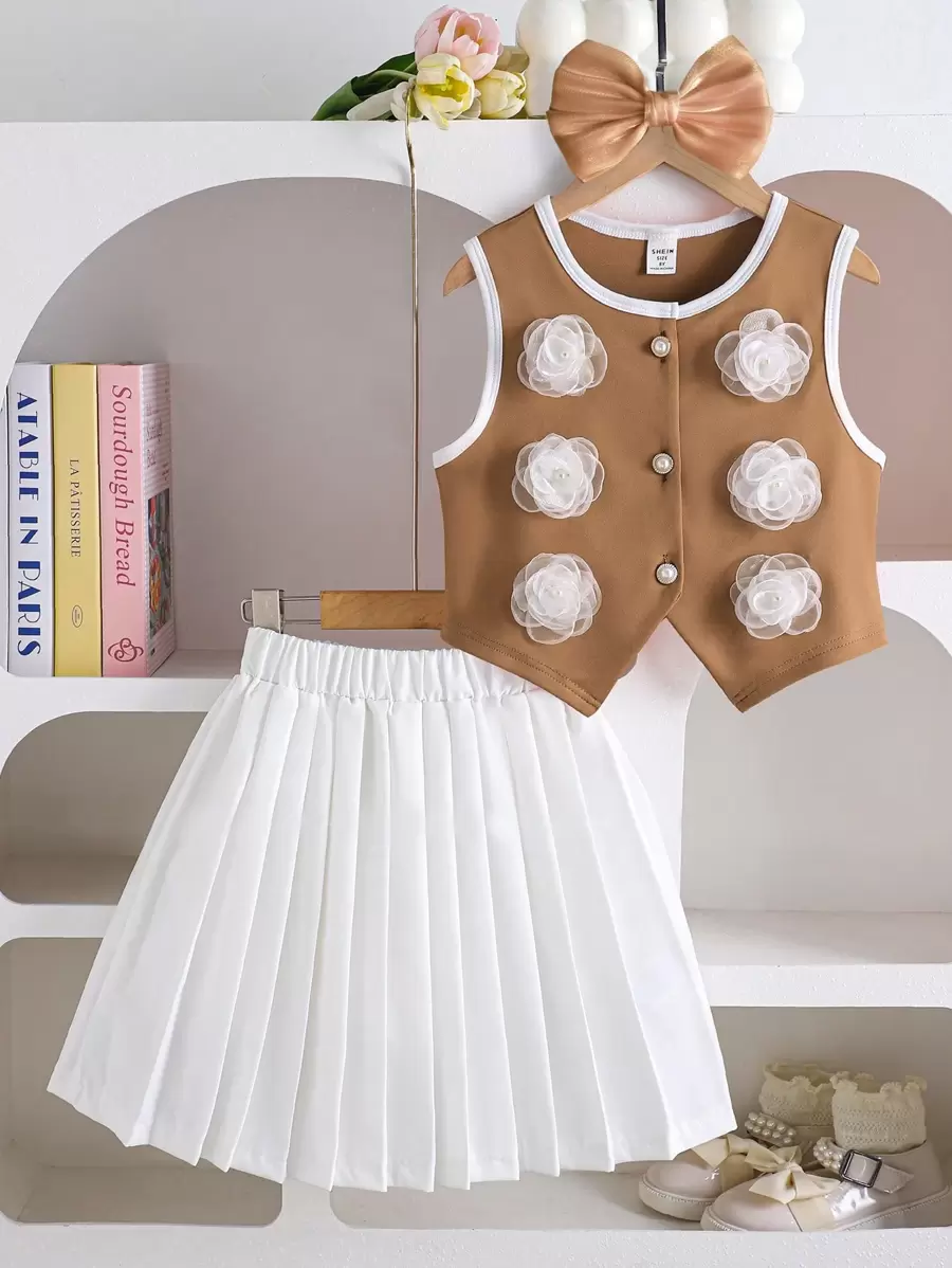 2pcs/Set Tween Girl 3D Flower Vest & Gray Pleated Mini Skirt Elegant ...