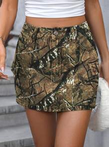 SHEIN Privé Women Branch Pattern Bodycon Mini Denim Skirt - Multicolor - View 4