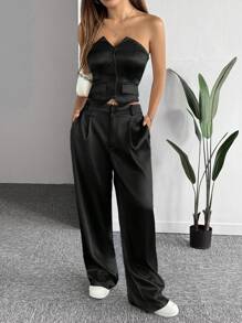 SHEIN EZwear 春季大码缎面吊带背心和裤子两件套 - 黑色 - 查看 1