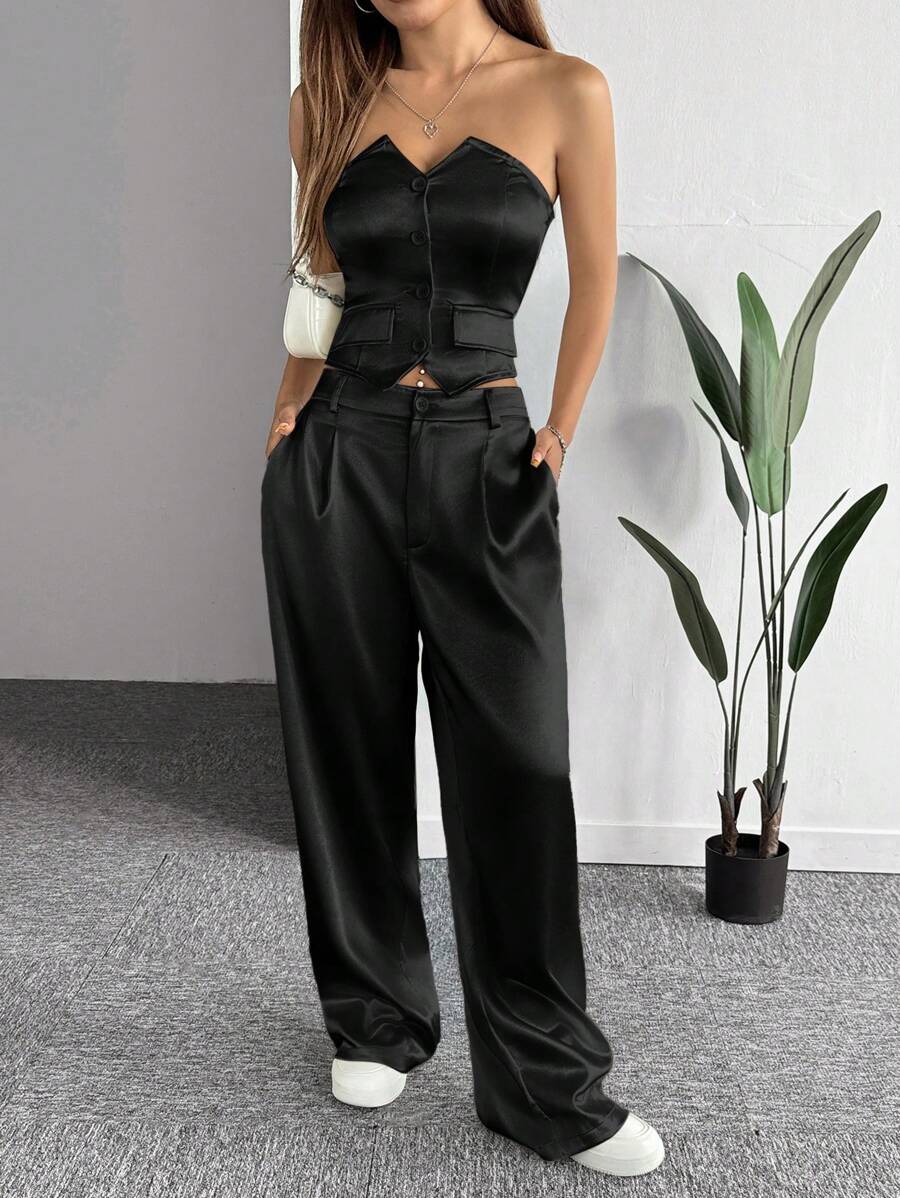 SHEIN EZwear 春季大码缎面吊带背心和裤子两件套 - 黑色 - 查看 1