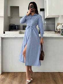 SHEIN Tall Tall Striped Front Button Shirt Dress - Blue and White - View 4