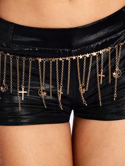Grunge Punk 1 pieza Cadena para la cintura con colgante de luna, estrella, cristal y cruz en color dorado como accesorio para vestido, versátil para uso diario o festivales