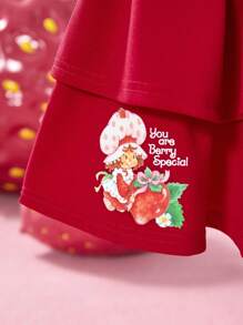 Strawberry Shortcake X SHEIN Set da ragazza giovane con top a maniche corte con grafica di cartoni animati carini e dolci, e gonna rossa a doppio strato