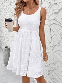 SHEIN Clasi 夏季优雅女装白色纹理立体图案无袖腰收腰A字弹力针织连衣裙，适合各种场合，可穿着日常休闲、通勤、旅行和度假 - 白色 - 查看 5