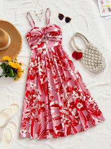 Soleia Váy midi chữ A thắt nơ cổ chữ V, dây mảnh cho kỳ nghỉ dành cho nữ WYWH, váy liền thân không tay họa tiết hoa nhiệt đới màu hồng và đỏ - Hồng - Xem 1