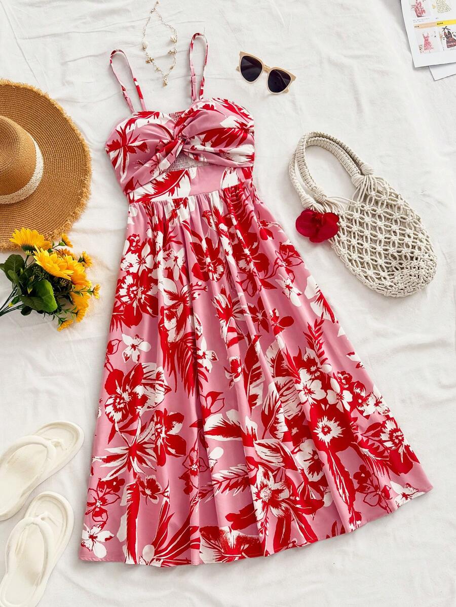 Soleia Váy midi chữ A thắt nơ cổ chữ V, dây mảnh cho kỳ nghỉ dành cho nữ WYWH, váy liền thân không tay họa tiết hoa nhiệt đới màu hồng và đỏ - Hồng - Xem 1