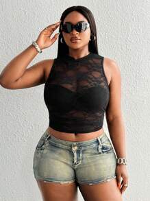 Maweii Plus Size Lace Sexy Sheer Cropped Camisole - Black - View 7