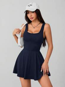 SHEIN PETITE 女式无袖外下摆口袋短裤黑色连身裤 - 藏蓝色 - 查看 8