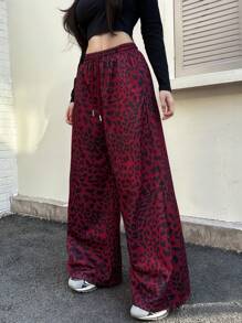 SHEIN EZwear 女士豹纹抽绳腰阔腿休闲裤 - 紅色 - 查看 6