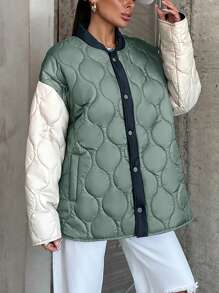 EURMUSE Casual Style, Colour Block Stylish Quilted Coat - Blue - View 5