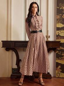 Anewsta Elaire Fashion Retro Metallic Printed Ruffle Hem Dress For Women, Valentine's Day, Vacation, New Year Outfit, Modest Design - Brown - View 6