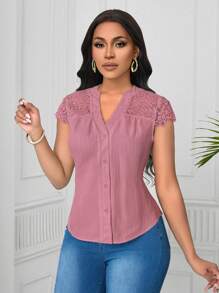 Lunelith SHEIN Lunessa 优雅蕾丝拼接波浪短袖女式衬衫