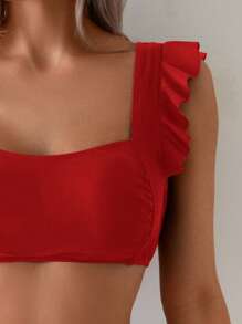 Swim Lushoire Women Swimwear Set, Straight Neckline Strapless Solid Color Set, Ruffle Shoulders For Summer Beach Vacation - Red - View 4