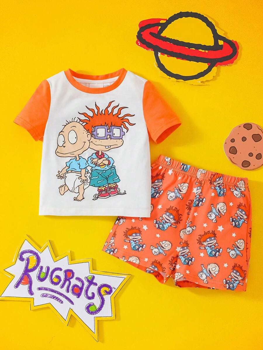 Nick 90s | SHEIN Conjunto de Camiseta de Manga Curta com Estampa Gráfica de Amigo Cartoon Menino Bebê e Shorts Laranja - Multicolorido - Visão 1