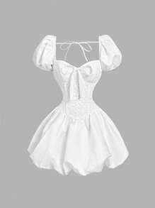 SHEIN MOD Váy mini bong bóng chắp vá ren trắng cho nữ, Váy nghỉ xuân, Váy mùa hè, Váy thanh lịch cho nữ, Trang phục phương Tây cho nữ, Trang phục hòa nhạc cho nữ, Phong cách tiền cổ cho nữ - trắng - Xem 4