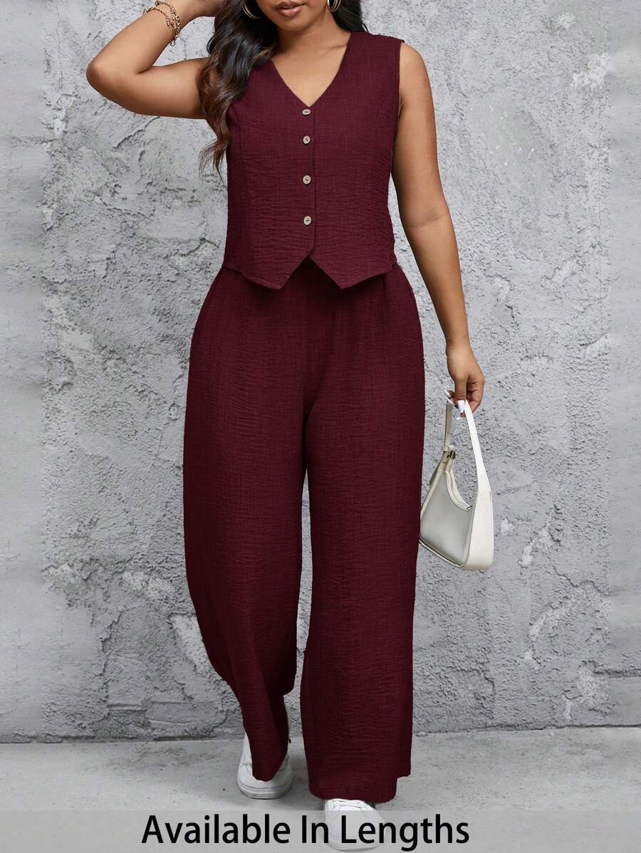 SHEIN Tall CURVE Women Plus Size Solid Color Single-Breasted Vest And Pants Casual Two Pieces Set - Burgundy - View 1