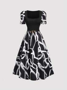 SHEIN Clasi Abito midi con vita arricciata e linea ad A in stile retrò francese, di alto livello, in stile europeo e americano