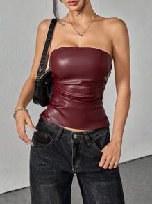 SHEIN PETITE New Year&Valentine's Women's Burgundy PU Leather Top Fashionable Ruched Asymmetric Hem Tube Top, Suitable For Going Out And Parties Top,New Years Women,Rave Top