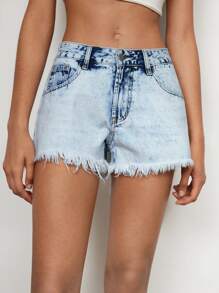 Maija Women's Washed Blue Denim Frayed Hem Shorts - Light Wash - View 3