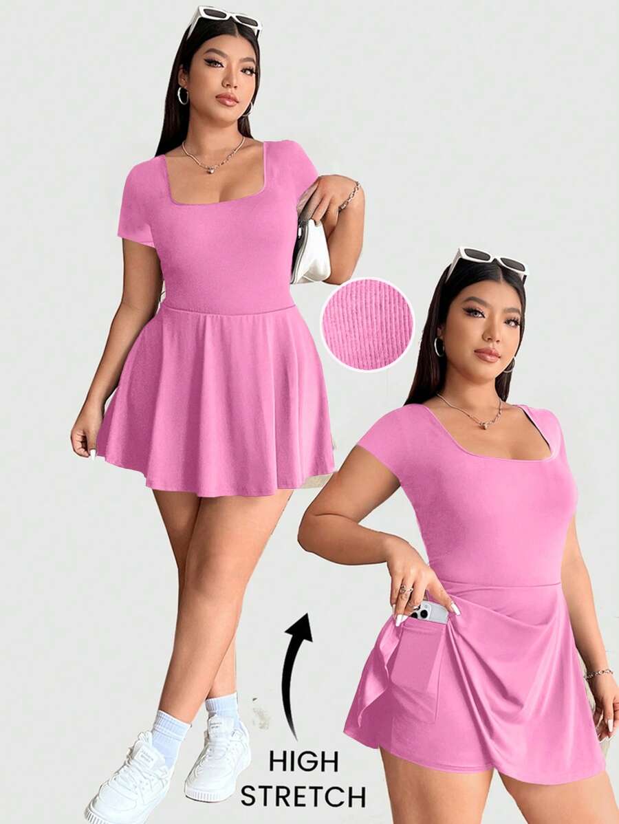 SHEIN EZwear 大码女式方领短袖休闲连体衣 - 玫紅色 - 查看 1