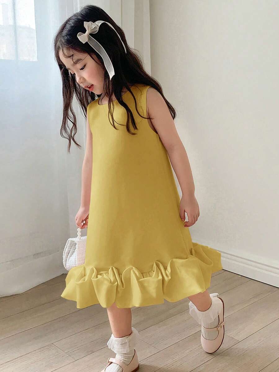 DAZY Young Girl Sleeveless Round Neck Patchwork Ruffle Hem Princess Dress, Luxurious Fall Outfit - Yellow - View 1