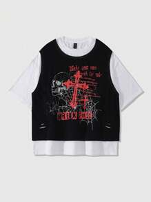 ROMWE MEN Áo thun nam Gothic Patchwork, Xuân/Hè, Halloween - Đen và trắng - Xem 1