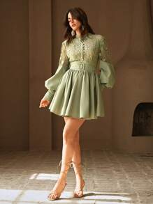 Anewsta Đầm ngắn tay peplum cổ chữ V thanh lịch phối ren chắp vá cho nữ, thích hợp cho lễ hội, kỳ nghỉ, ngày lễ, mùa xuân - màu xanh lá - Xem 6