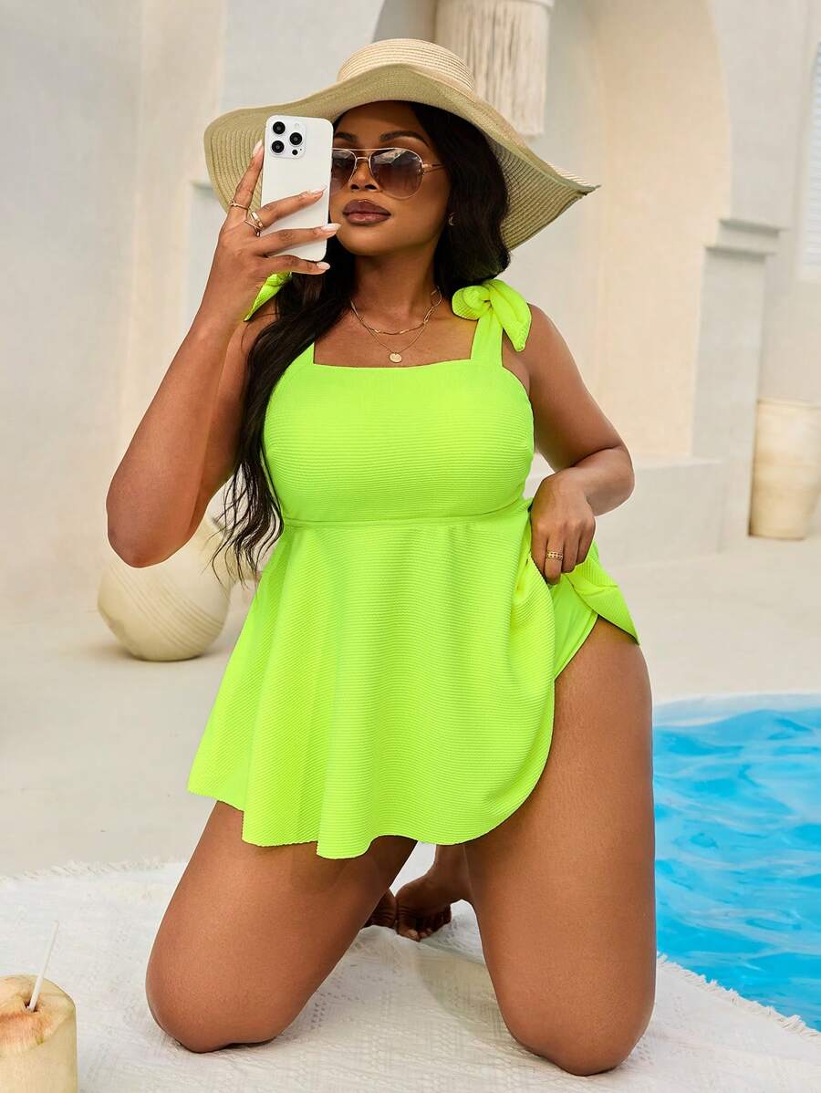 SHEIN Slayr CURVE Plus Size Women's 2 Pieces Set: Bandeau Tankini Top With Textured Neon Green Fabric And High-Waisted Briefs Bottom, Slimming A-Line Swim Dress, Casual & Stylish Swimwear For Beach Resort