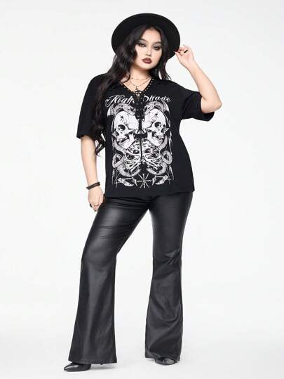 Goth Camiseta de manga corta con cuello en V y cordón de talla grande con estampado gráfico de calavera y patrón de piel de serpiente
