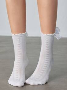 ROMWE Kawaii Women's Solid Color Butterfly Decor Jacquard Mid-Calf Socks - White - View 3