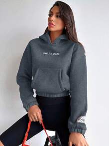 EURMUSE Cotton Ladies' Hooded Sweatshirt With Letter Print And Drop Shoulder Long Sleeves - Dark Grey - View 3