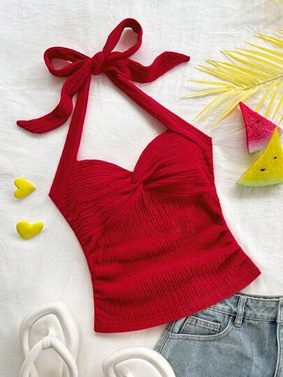 Soleia Red Tie-Up Twist Halter Top For Women, Fitted Camisole Suitable For Vacation, Holiday, Date, Afternoon Tea, Music Festival, Bohemian,Rave Top