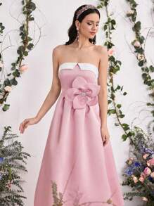 Coutiva Women Woven Two-Tone Patchwork 3D Floral Bandeau A-Line Party Dress, Wedding Guest Dress, Music Festival Spring/Summer, Prom Dress